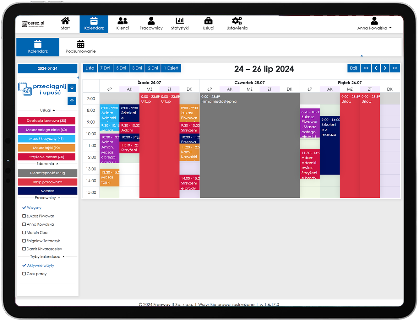 zrzut ekranu kalendarza z aplikacji Cerez w ramce tabletu