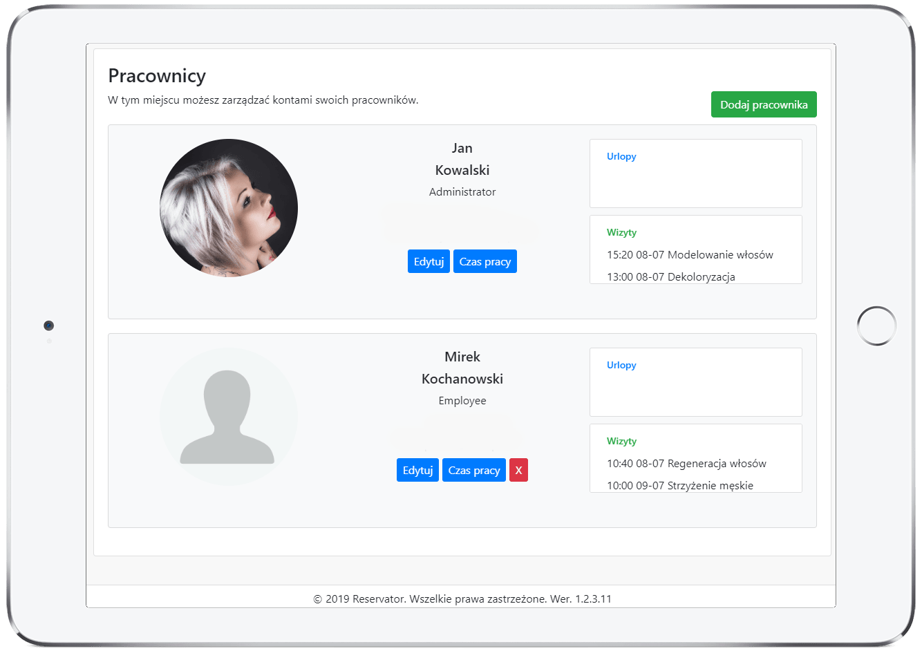 zrzut ekranu listy pracowników z aplikacji Cerez w ramce tabletu
