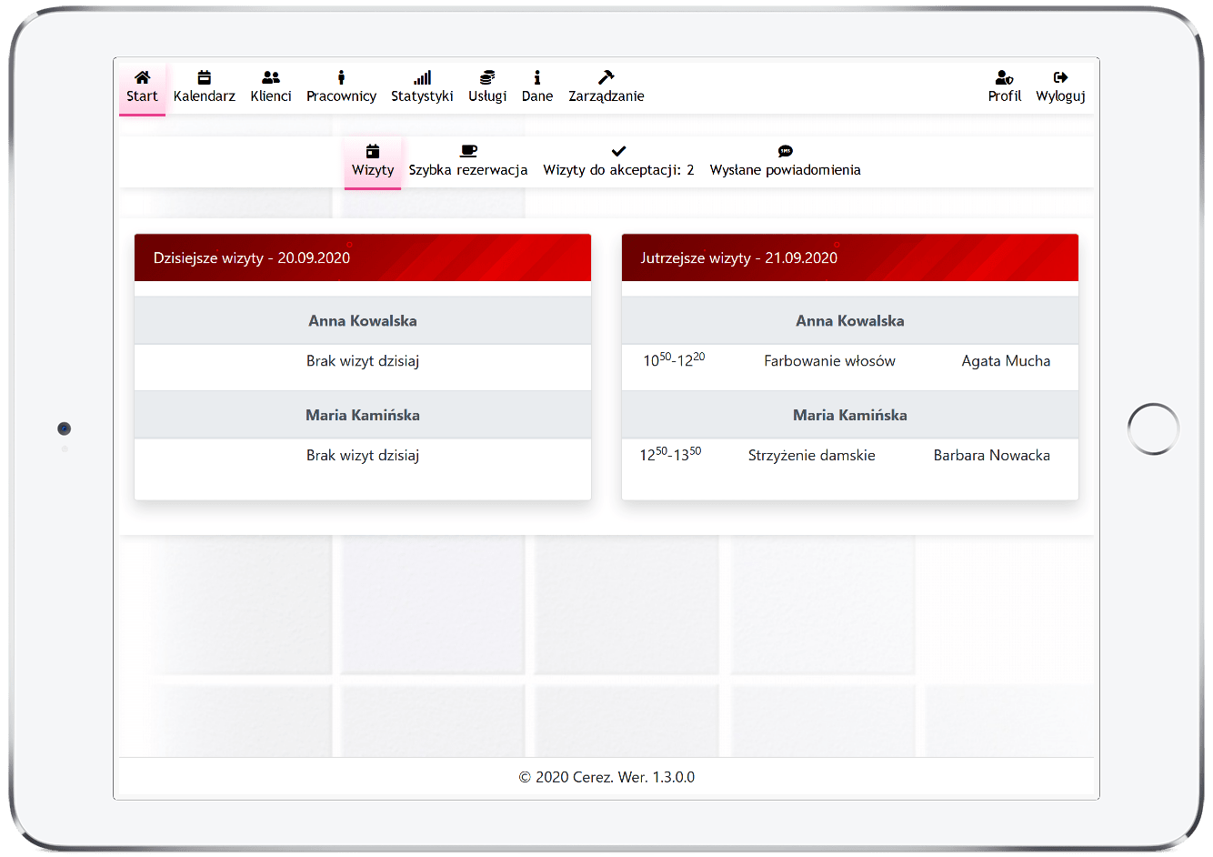 zrzut ekranu listy wizyt z aplikacji Cerez w ramce tabletu