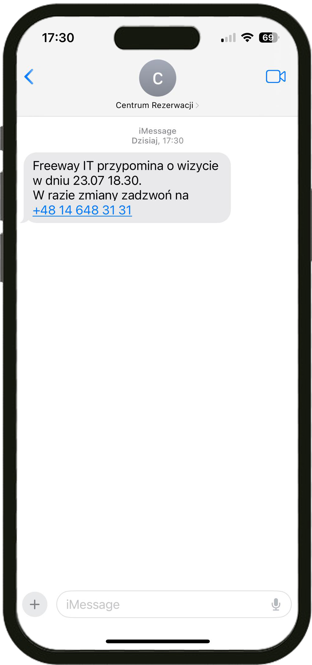 zrzut ekranu sms-a wysyłanego przez aplikacje Cerez