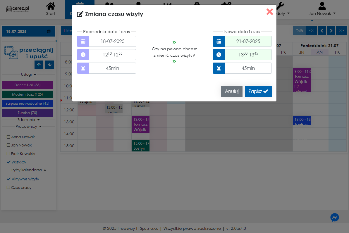 zrzut ekranu zmiany czasu wizyty z aplikacji Cerez