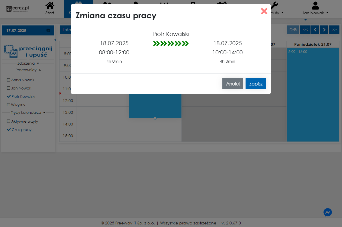 zrzut ekranu zmiany czasu pracy z aplikacji Cerez