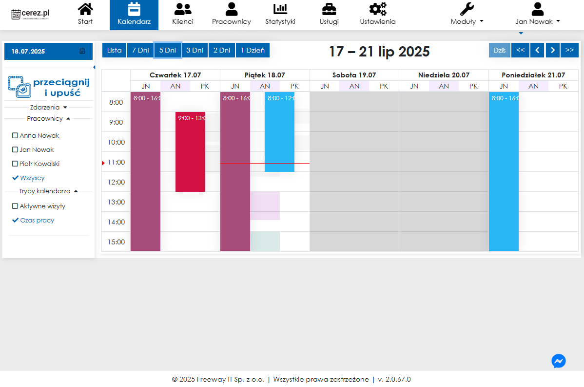 zrzut ekranu kalendarza w trybie czasu pracy z aplikacji Cerez
