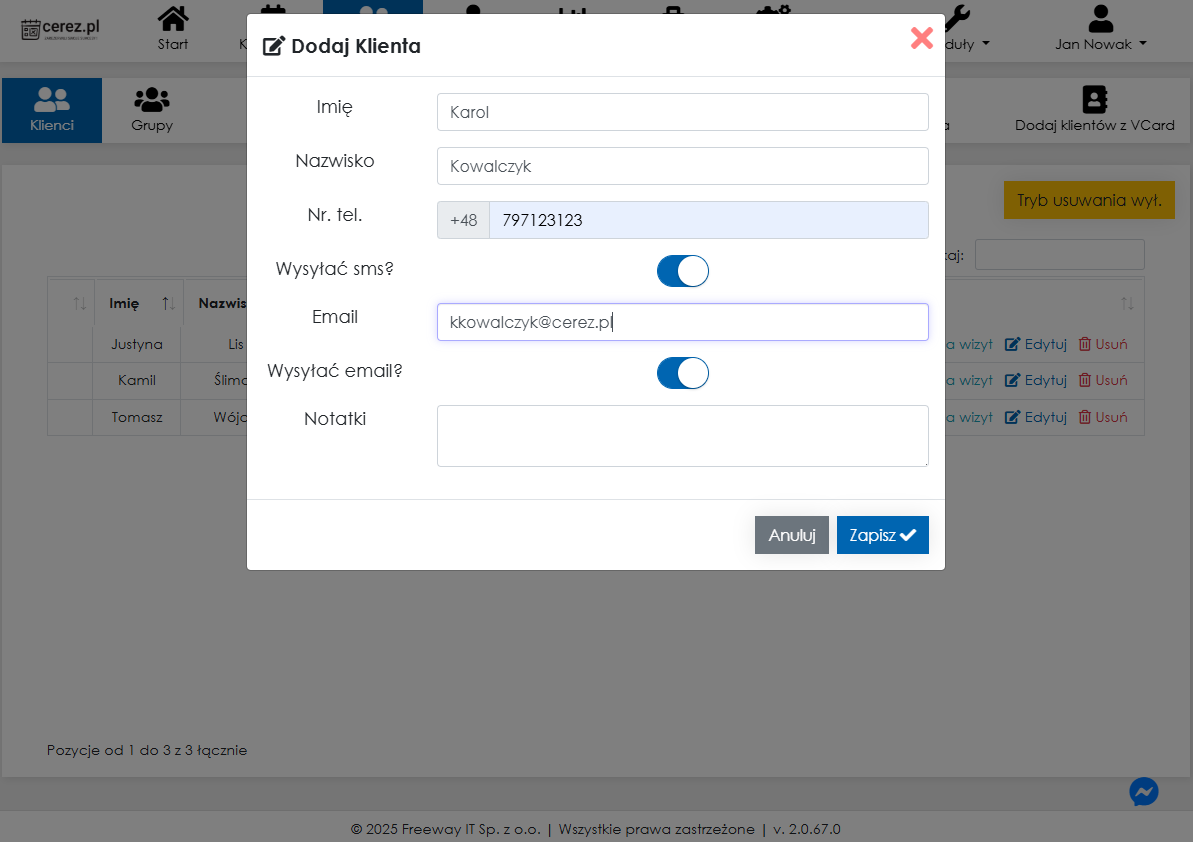Zrzut ekranu dodawania klienta z aplikacji Cerez
