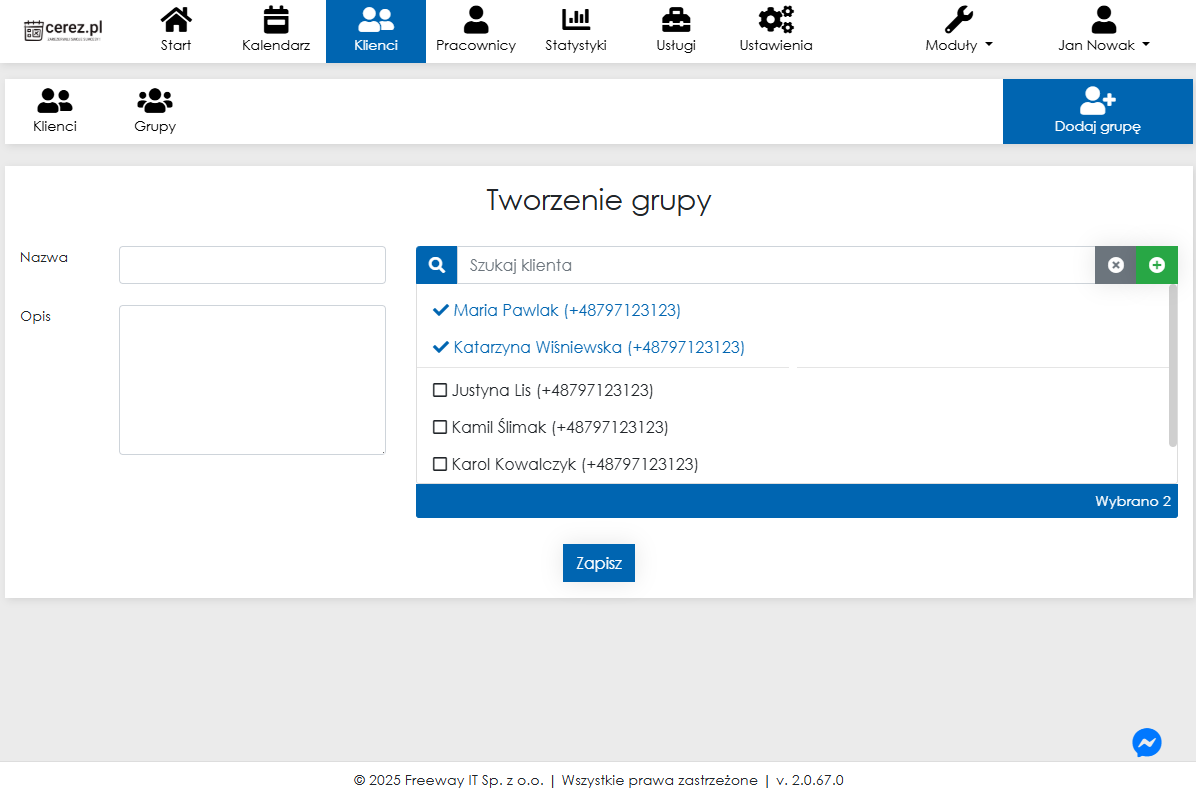 Zrzut ekranu dodawania grupy z aplikacji Cerez