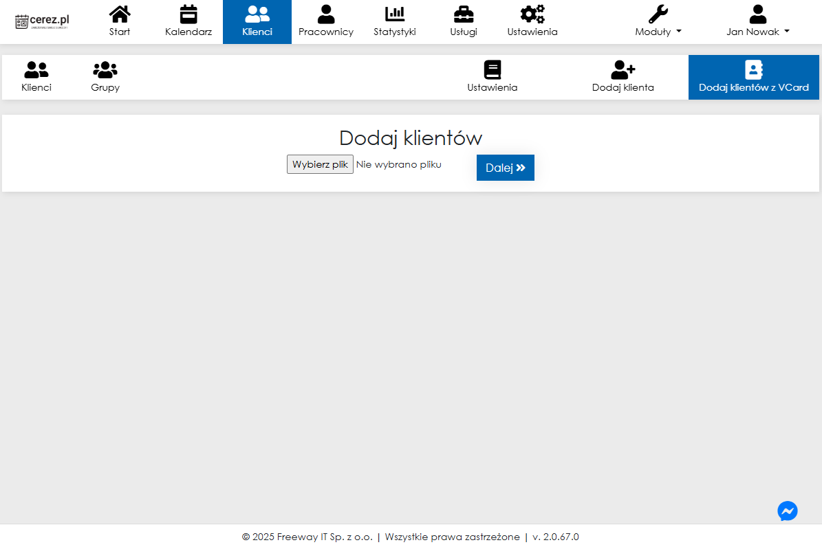 Zrzut ekranu dodawania klienta VCard z aplikacji Cerez