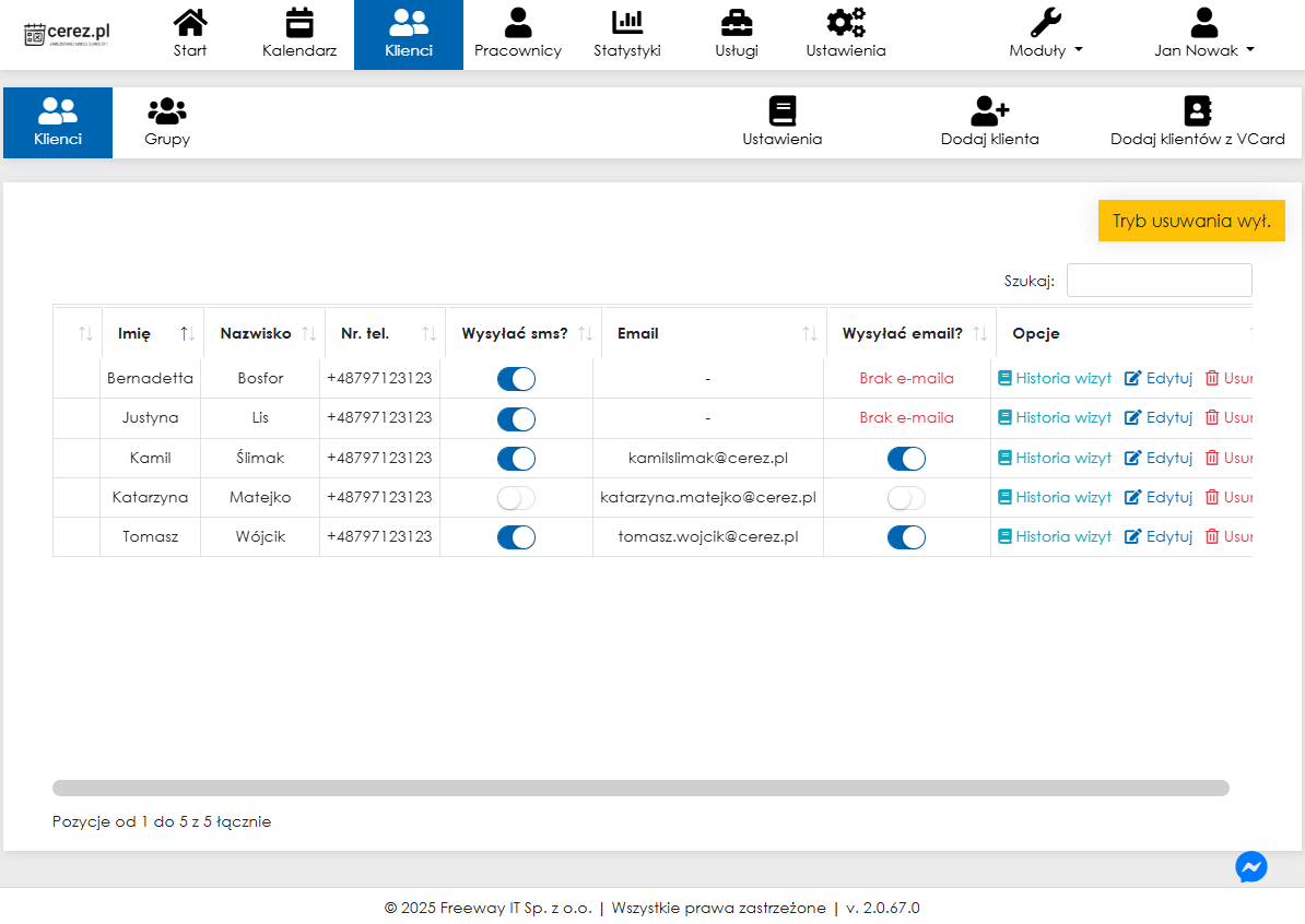 Zrzut ekranu listy klientów z aplikacji Cerez