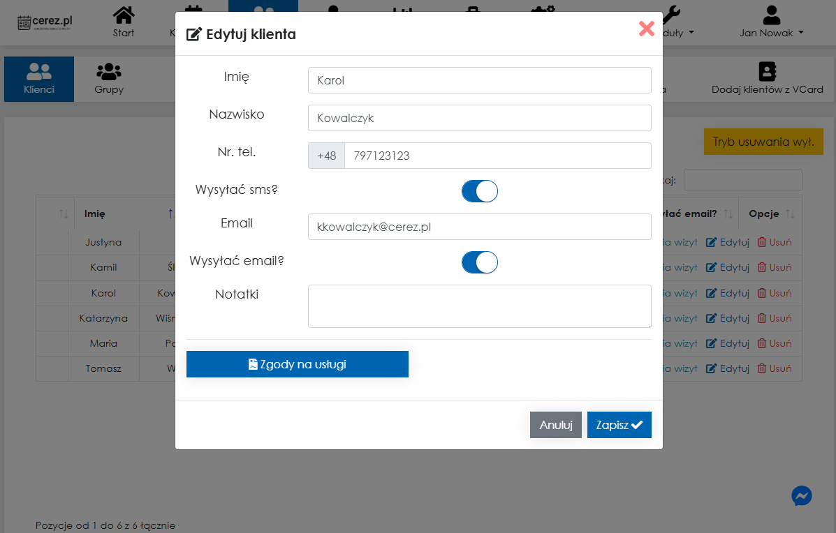 Zrzut ekranu edycji klienta w aplikacji Cerez