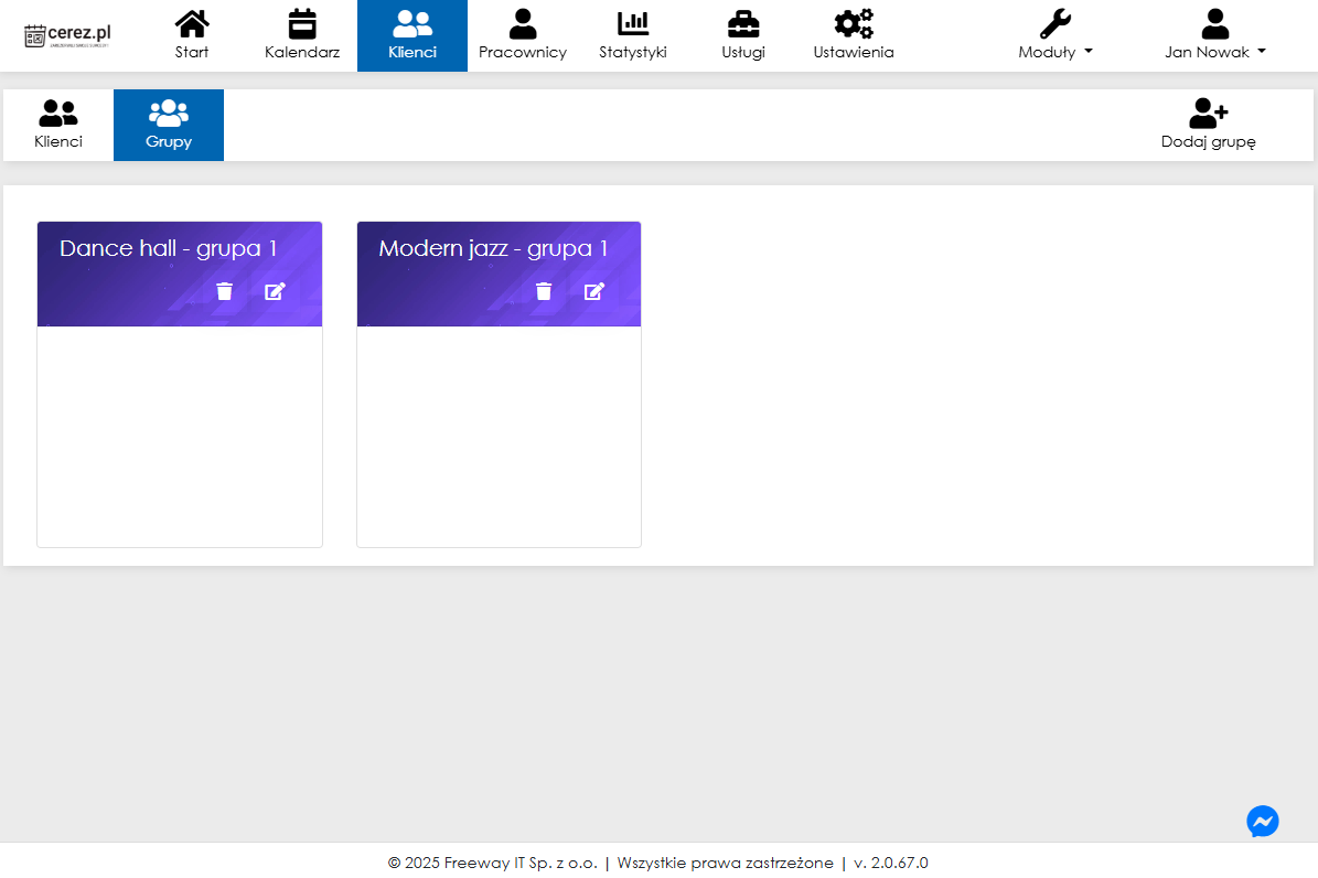 Zrzut ekranu grup klientów z aplikacji Cerez