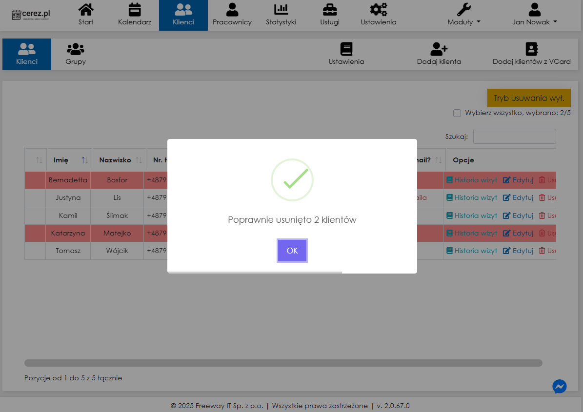Zrzut ekranu potwierdzenia usunięcia klientów w aplikacji Cerez