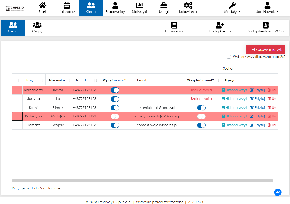 Zrzut ekranu usuwania wielu klientów w aplikacji Cerez