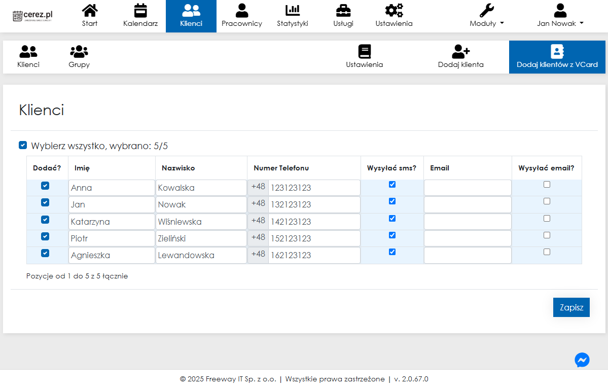 Zrzut ekranu listy klientów VCard z aplikacji Cerez