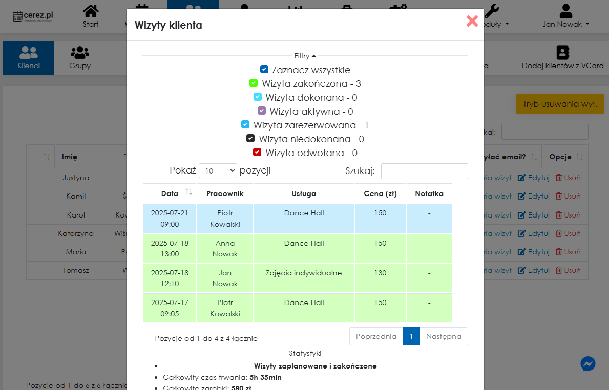 Zrzut ekranu historii wizyt klienta w aplikacji Cerez
