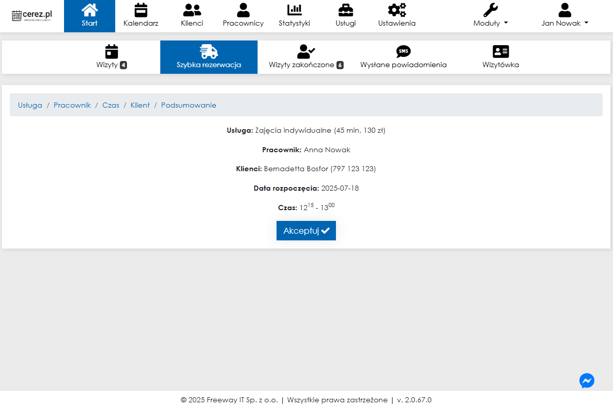 Zrzut ekranu podsumowania wizyty w aplikacji Cerez