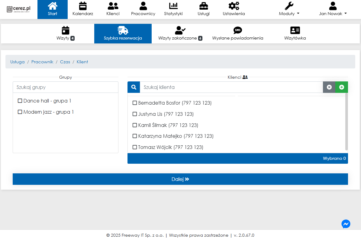 Zrzut ekranu wyboru klienta w szybkiej rezerwacji aplikacji Cerez