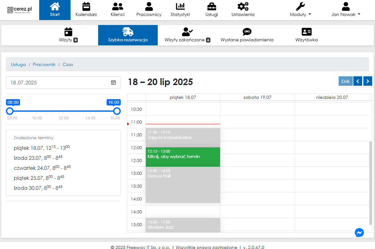Zrzut ekranu wyboru daty i czasu wizyty w aplikacji Cerez