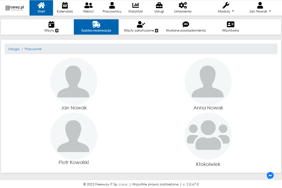 Zrzut ekranu wyboru pracownika w szybkiej rezerwacji aplikacji Cerez