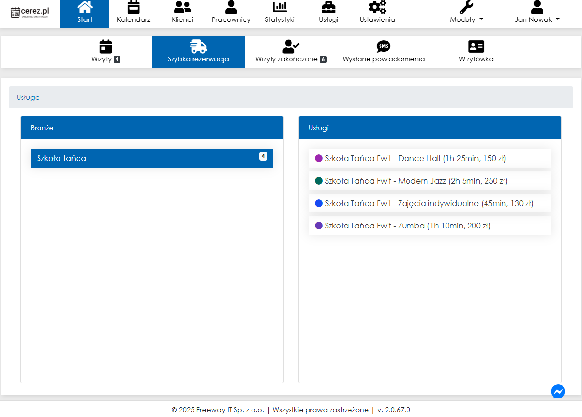 Zrzut ekranu wyboru usługi w szybkiej rezerwacji aplikacji Cerez