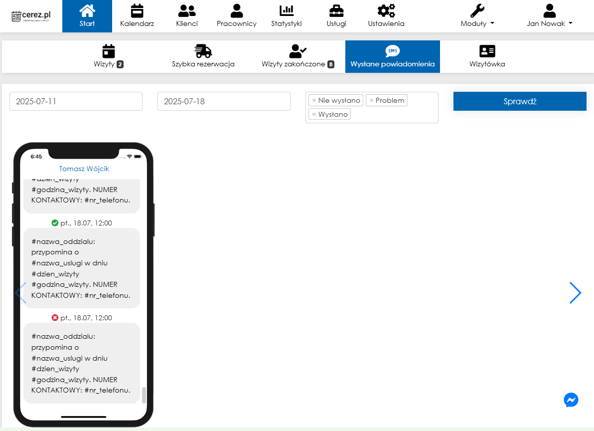 zrzut ekranu wysłanych powiadomień z aplikacji Cerez