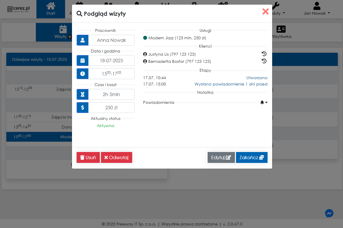 Zrzut ekranu podglądu wizyty w aplikacji Cerez