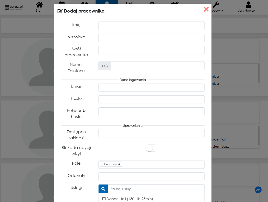 Zrzut ekranu dodawania pracownika z aplikacji Cerez