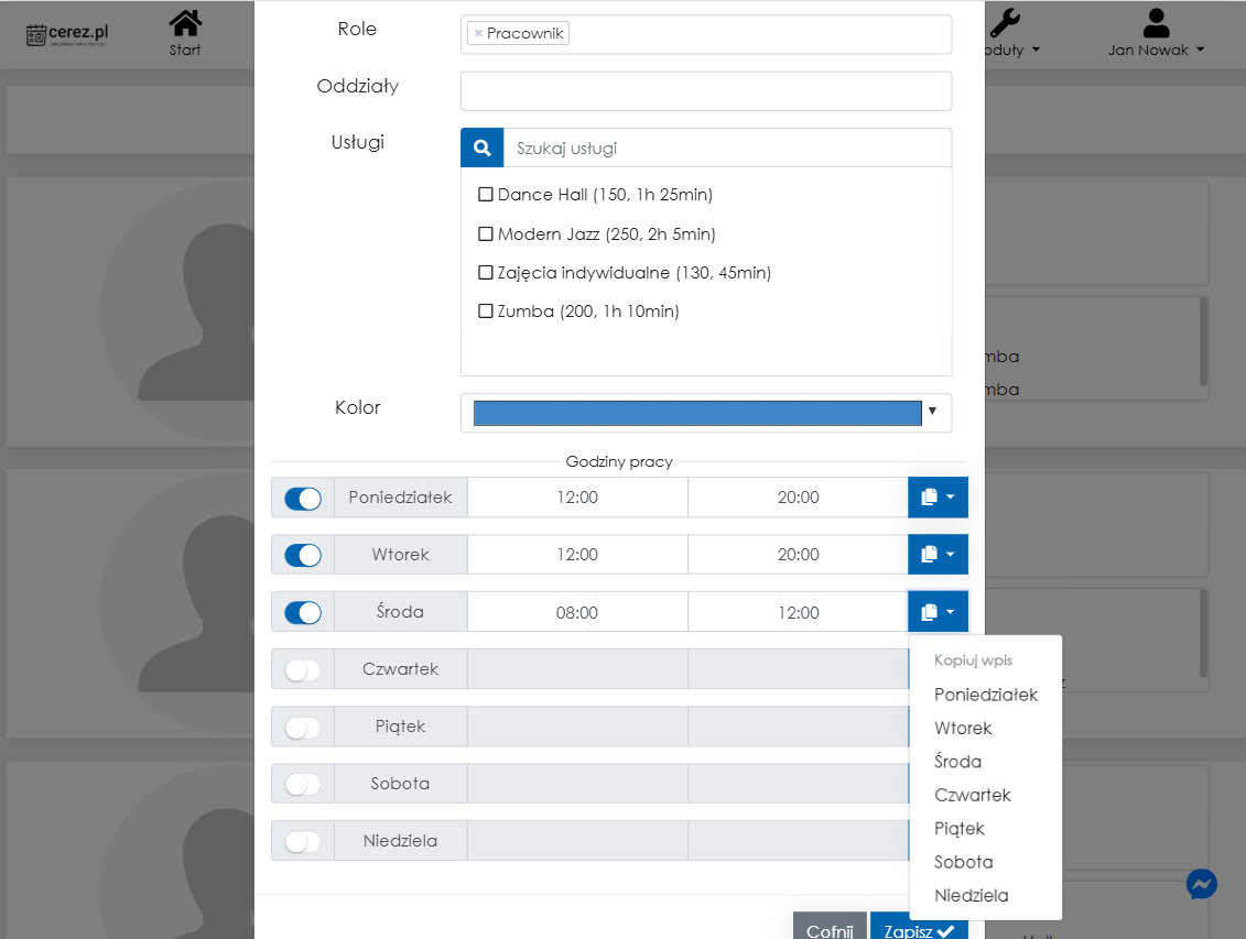 Zrzut ekranu dodawania pracownika z aplikacji Cerez