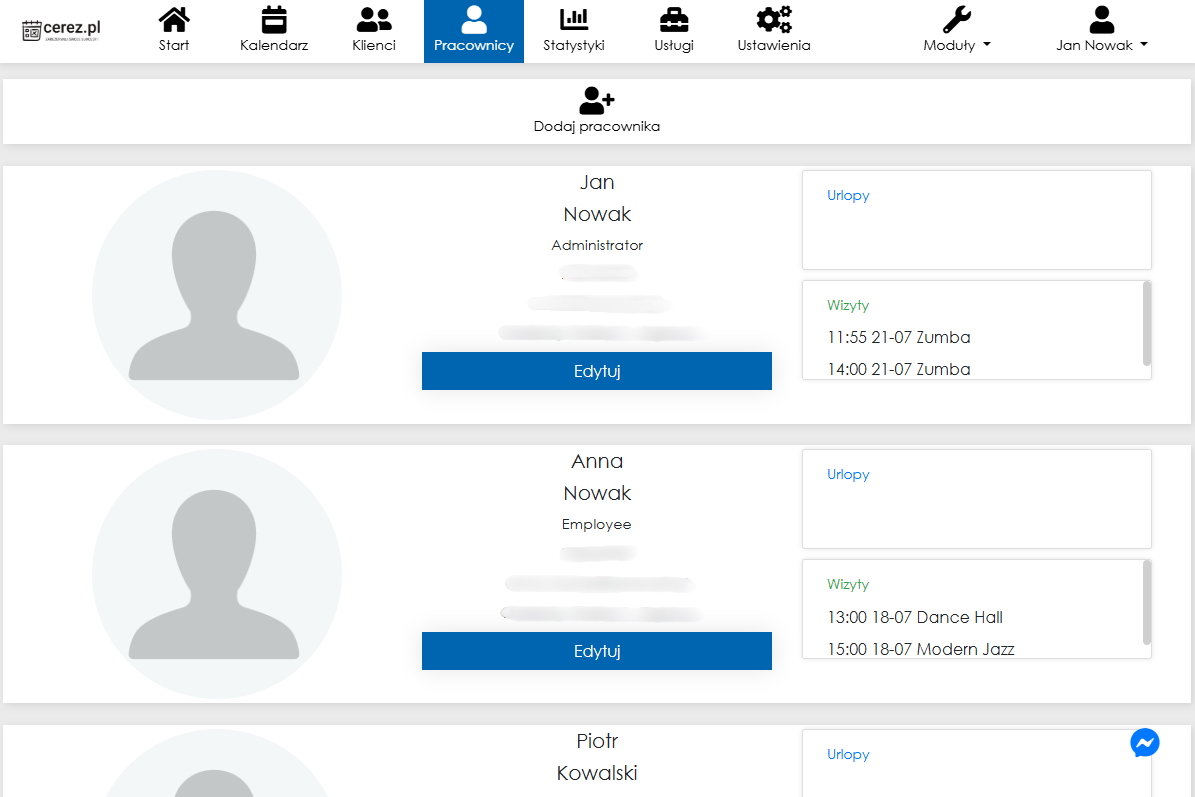 Zrzut ekranu listy pracowników z aplikacji Cerez
