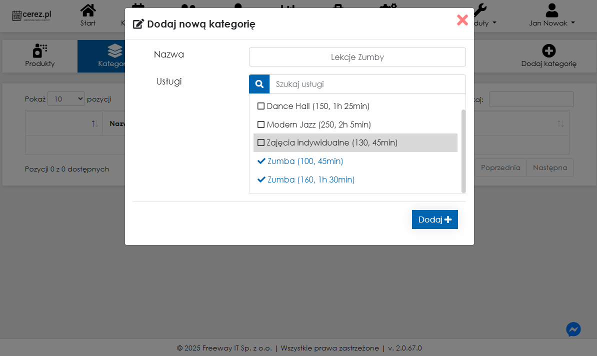 Zrzut ekranu dodawania kategorii w module rozliczeniowym z aplikacji Cerez