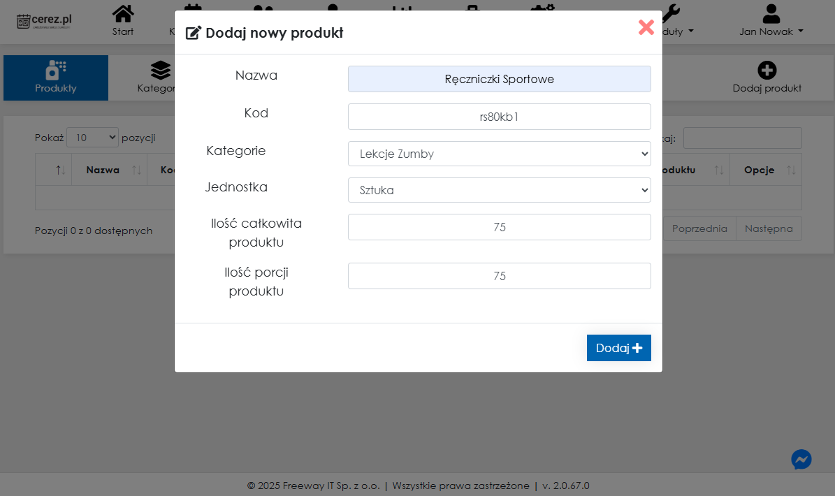 Zrzut ekranu dodawania produktu w module rozliczeniowym z aplikacji Cerez