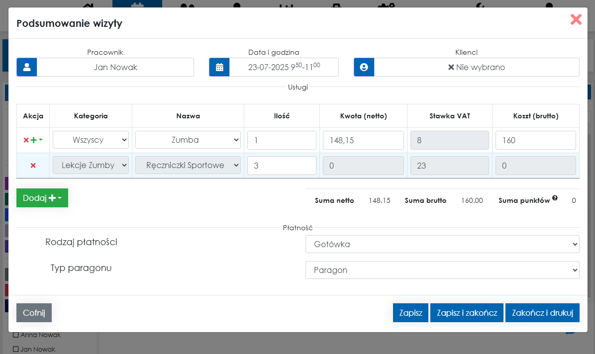 Zrzut ekranu rozliczania wizyty w kalendarzu – moduł rozliczeniowy z aplikacji Cerez