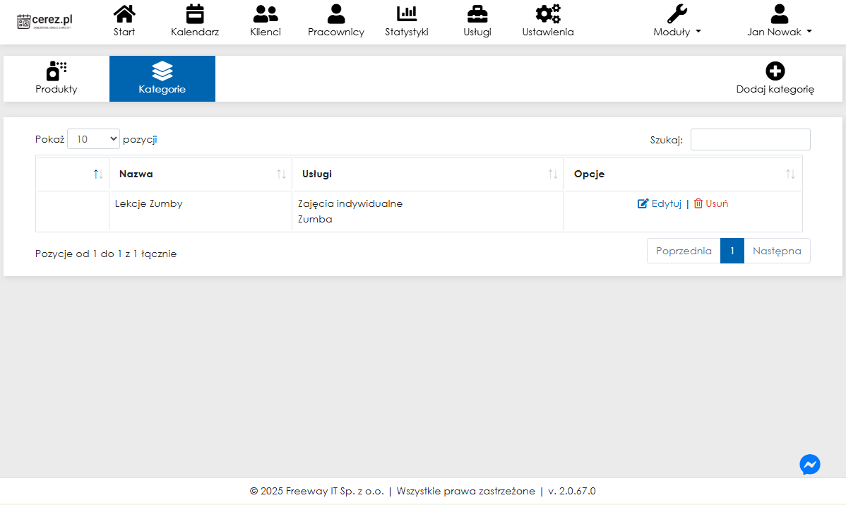 Zrzut ekranu listy kategorii w module rozliczeniowym z aplikacji Cerez