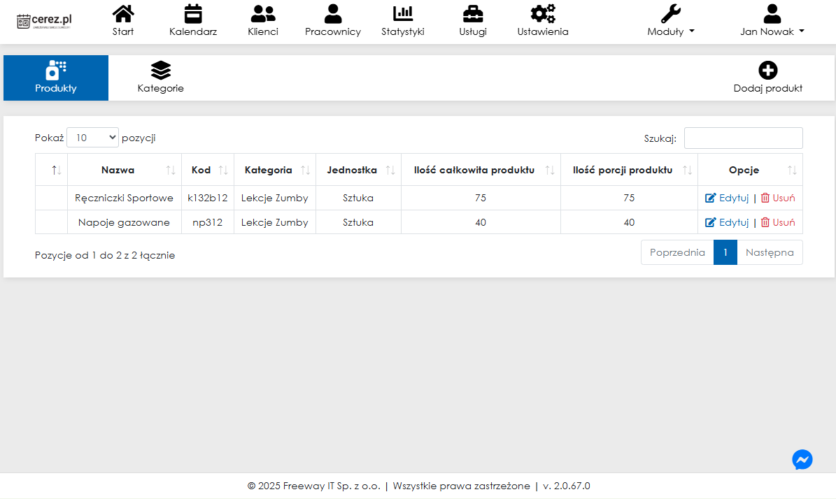 Zrzut ekranu listy produktów w module rozliczeniowym z aplikacji Cerez