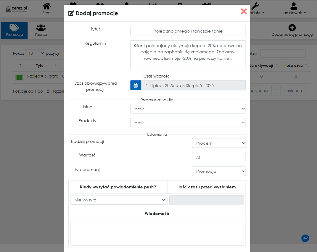 Zrzut ekranu modułu lojalnościowego – dodaj promocję z aplikacji Cerez