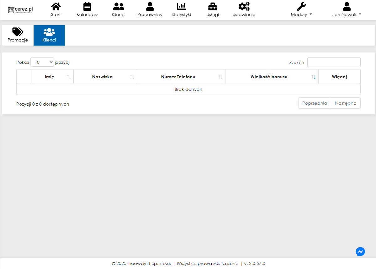 Zrzut ekranu modułu lojalnościowego – klienci z aplikacji Cerez