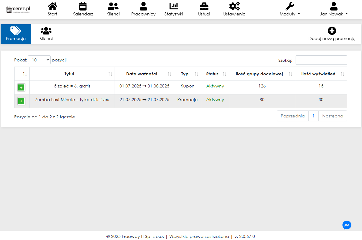 Zrzut ekranu modułu lojalnościowego – promocje z aplikacji Cerez