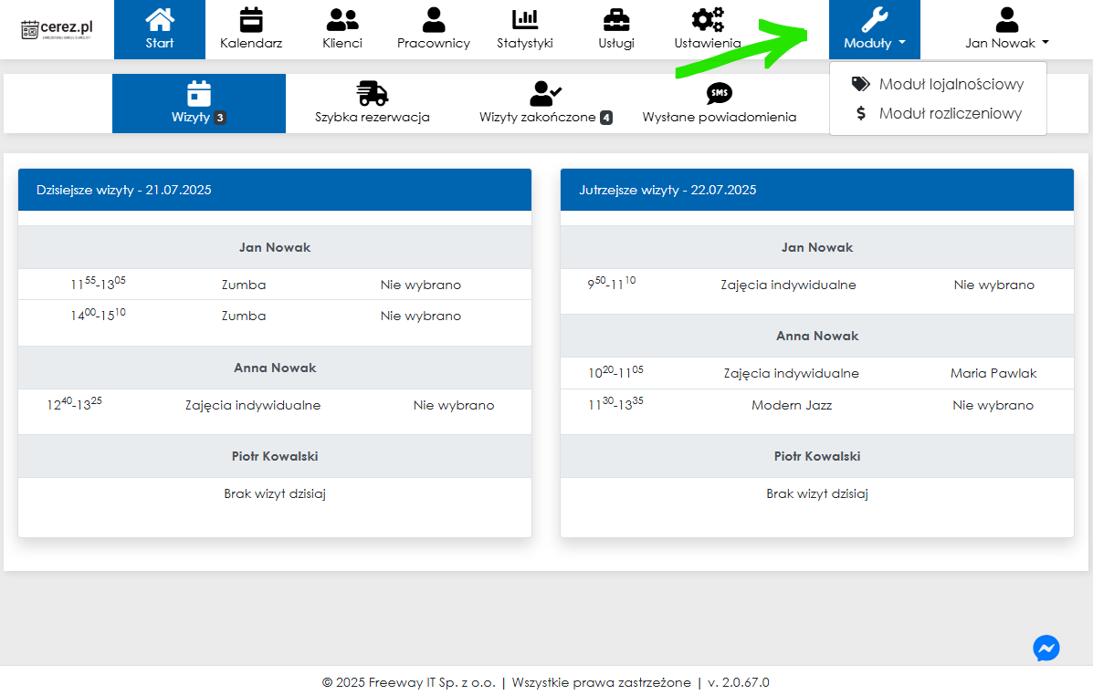 Zrzut ekranu zakładki Moduły w aplikacji Cerez