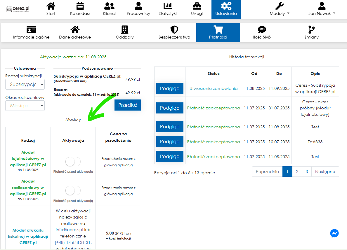 Zrzut ekranu aktywacji modułów w aplikacji Cerez