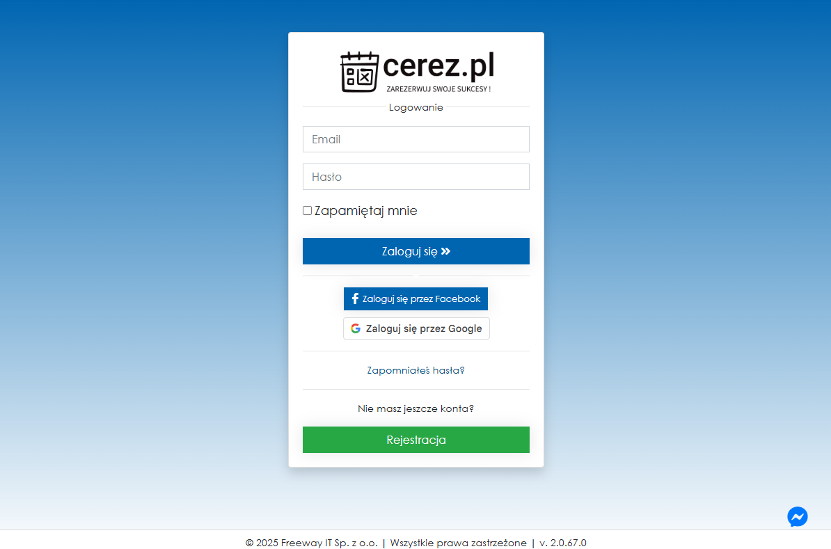 zrzut ekranu logowania z aplikacji Cerez