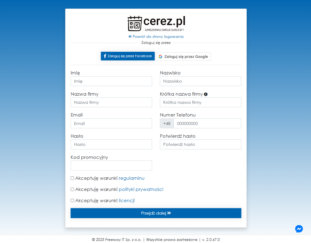 zrzut ekranu rejestracji z aplikacji Cerez