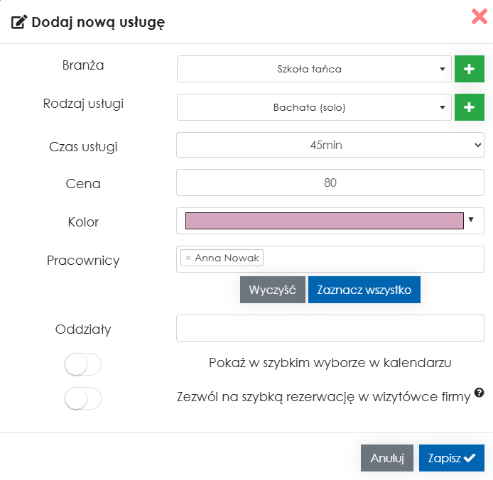 Zrzut ekranu dodawania usługi z aplikacji Cerez