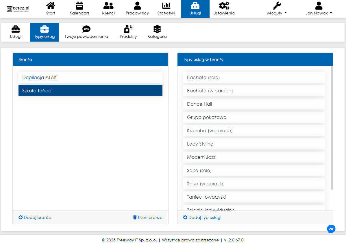Zrzut ekranu typów usług z aplikacji Cerez