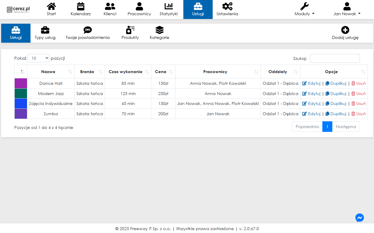 Zrzut ekranu listy usług z aplikacji Cerez