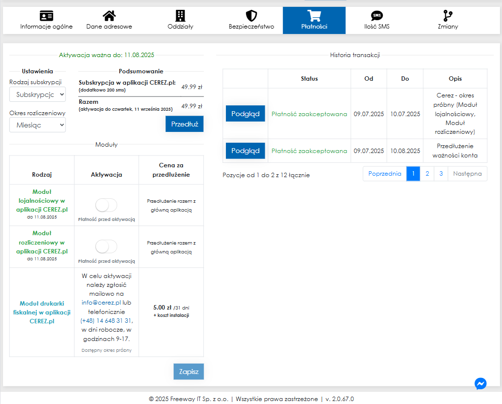 Zrzut ekranu danych aktywacji z aplikacji Cerez