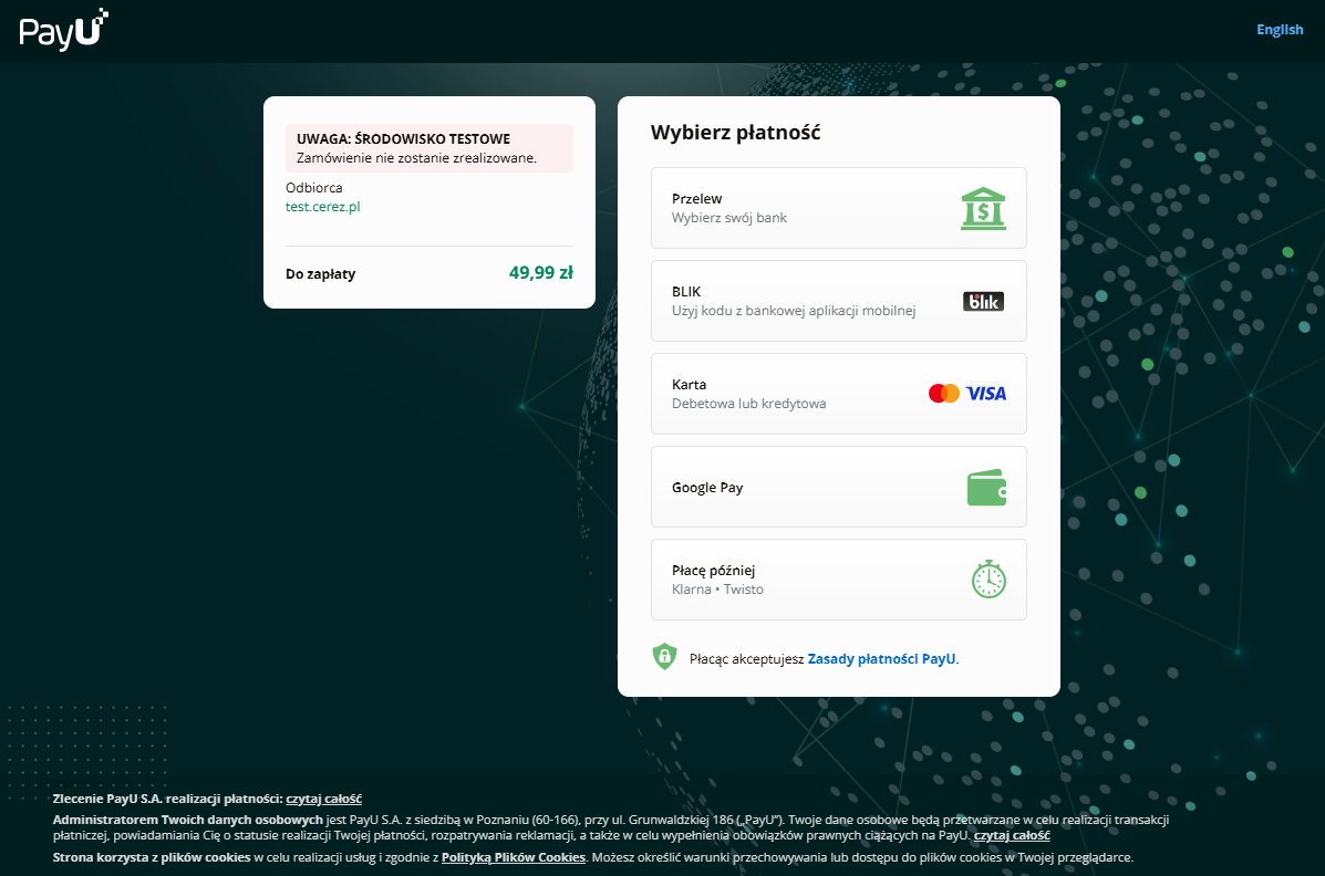 Zrzut ekranu płatności z aplikacji PayU