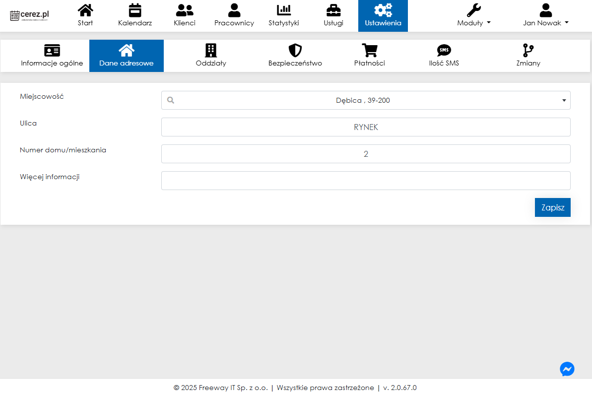 Zrzut ekranu danych adresowych z aplikacji Cerez