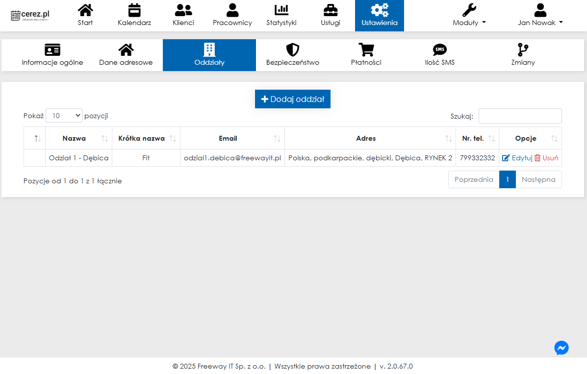 Zrzut ekranu listy oddziałów z aplikacji Cerez
