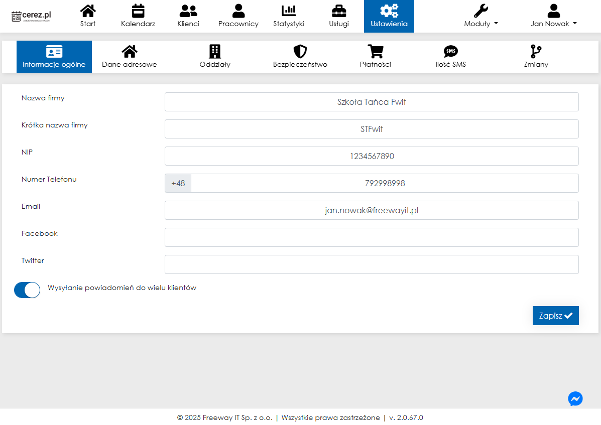 Zrzut ekranu danych firmy z aplikacji Cerez
