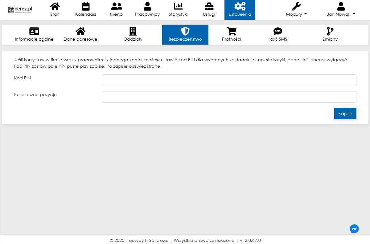 Zrzut ekranu ustawień bezpieczeństwa z aplikacji Cerez